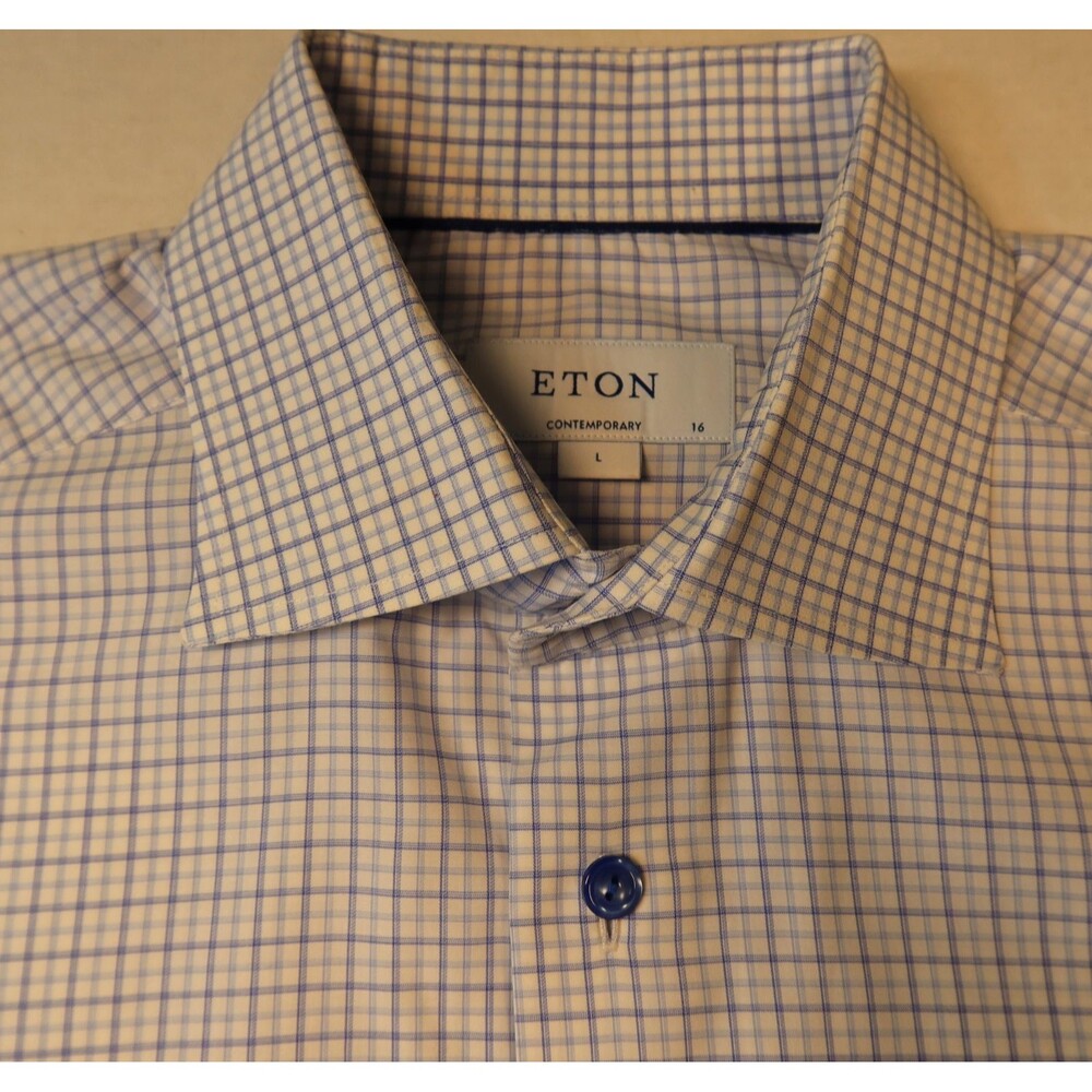 Eton Contemporary Dress Shirt Mens Size Large White/Blue Plaid Button Up - Picture 4 of 11
